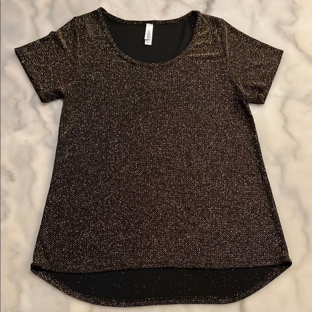 LuLaRoe Glittery Brown Bronze Black Short Sleeve Party Scoop Neck Tunic Top